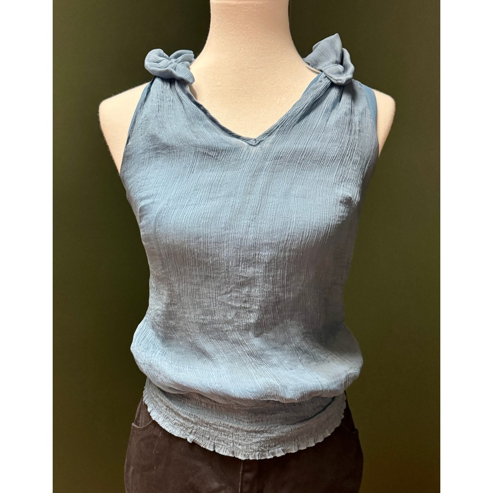Elena Solano Blue Sleeveless‎ Ruffle Neck Smocked Waist Blouse Women's Size S
